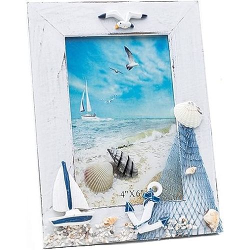 JANOU Mediterranean Photo Frame Wooden Picture Frame Wooden Photo Frame Holder for Nautical Beach Themed Home Coffee Shop Decoration