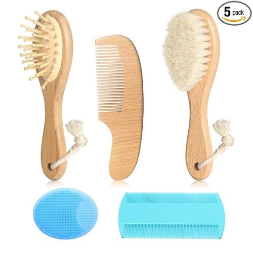 Wooden Natural Goat Bristle Brush and Cradle Cap Comb Set - 5 in 1 Baby Grooming Kit for Newborns, Toddlers, Boys, and Girls (Blue)