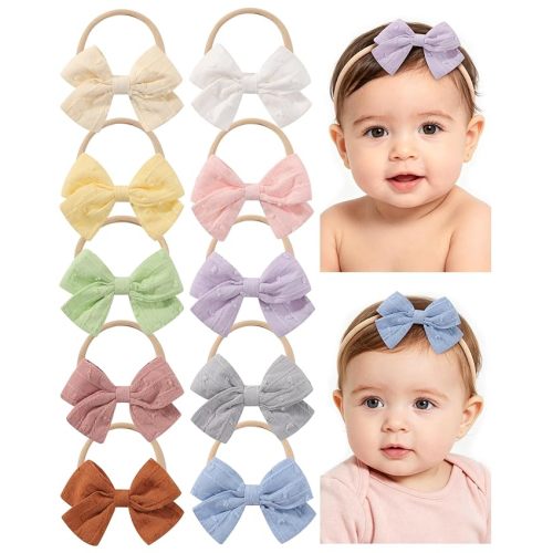 jollybows 20pcs Baby Girls Nylon Hair Bows Headbands Linen Hair Bands Elastic Hair Accessories for Kids Infants Newborn
