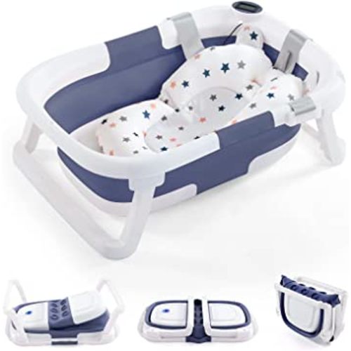 Baby BathTub, 4-in-1 Newborn to Toddler Tub with Temperature Sensor,Infant Waterproof Ear Cap and Soft Cushion included,Blue