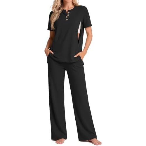 2 Piece Maternity Nursing Set Postpartum Breastfeeding Short Sleeve Zipper Shirts Wide Leg Pants Pregnancy Clothes
