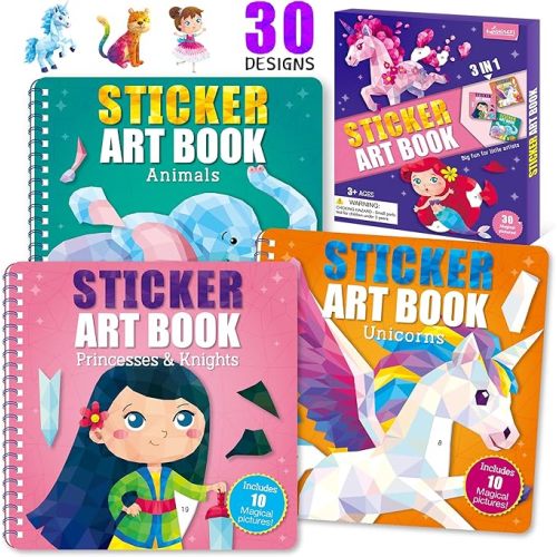 FUNSKISCRI 3-Pack Sticker by Number Books for Kids Ages 4-8, 30 Pictures, Paint with Stickers Activity Books, Mermaid Unicorn Animals, Car Activities & Travel Games to Keep Boys & Girls Busy, Gifts