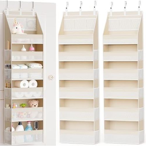 2 Pack Over the Door Organizer, 6-Shelf Closet Hanging Storage with 13 Mesh Pockets, 55lbs Capacity Behind the Door Storage for Baby Nursery, Bathroom, Bedroom, and Dorm, Beige