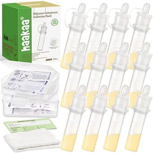haakaa Silicone Colostrum Collector Set Reusable Silicone Colostrum Collector for Breastfeeding to Collect, Feed & Store, with 2 Clear Storage Cases & 2 White Cotton Wipe (0.1oz/4ml, 12 PK)