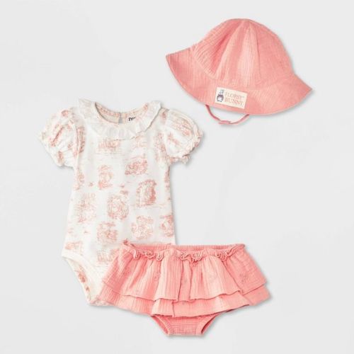 Baby Girls' 3pc Peter Rabbit Ruffle Bodysuit with Hat Set - Pink Newborn