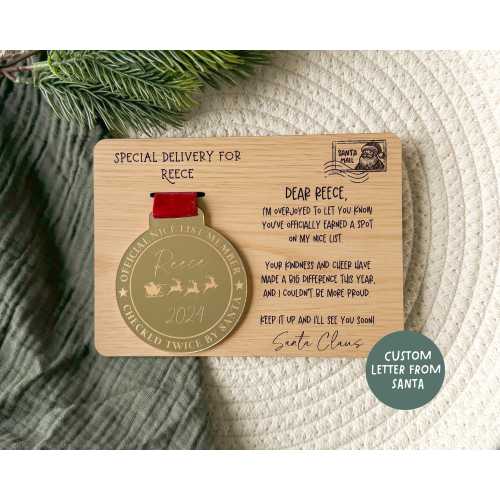 Personalized Santa Nice List Award w/ Custom Letter, Official Nice List Member Gold Medal, Christmas Keepsake for Kids, Christmas Eve Box