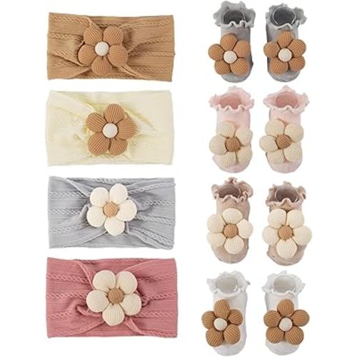 4 Pairs Baby Socks + 4 Headbands Set Big 3D Flower & Ruffled Trim Non-Slip Socks 0-6 Months Newborn Girl Photo Prop Gift
