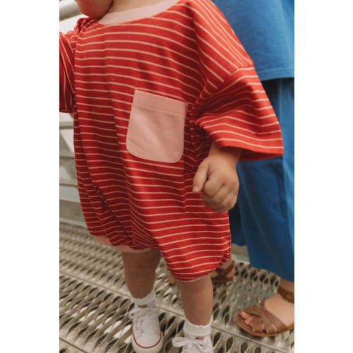 Cory Pocket Romper in Thin Aurora Red Stripe