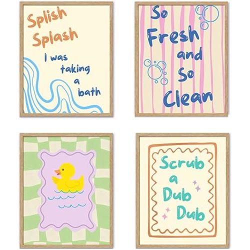 YZSLA Kids Bathroom Wall Art Prints, Retro Preppy Rubber Duck Poster Art Prints, Funny Wall Decorations for Kids Nursery Toddler Bathroom Washroom Toilet Decor, 8x10 Inches Unframed Set of 4