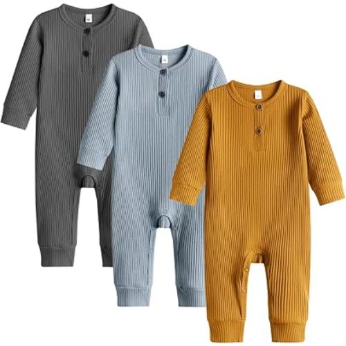Bafeicao Baby Boy Girl 3 Pack Solid Romper Ribbed Long Sleeve
