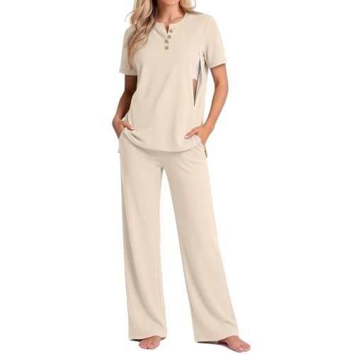 Women Maternity Nursing Set | Postpartum, Breastfeeding, Pregnancy, 2 Piece, Short Sleeve, Zipper, Henley Shirts, Wide Leg Pants, Clothes, Lounge, Outfits