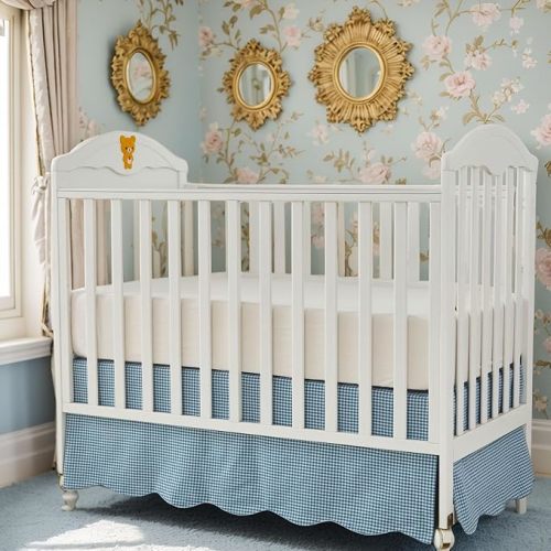 Brandream Scallop Edge Cotton Crib Skirt Toddler Bedskirt Baby Nursery Crib Bed Skirt Boho Bohemian Neutral Solid Color Farmhouse Chic Vintage Blue Gingham Bohemian Nursery Decor Skirt