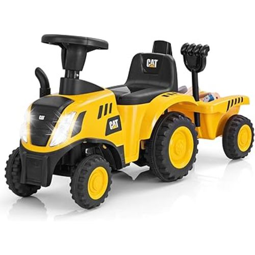 HONEY JOY Kids Ride on Tractor, Licensed Caterpillar Ride On Push Car for Toddlers, Detachable Trailer, Shovel & Rake, Horn, Engine Sound, LED Lights, No Power Ride On Toy for Boys Girls (Yellow)
