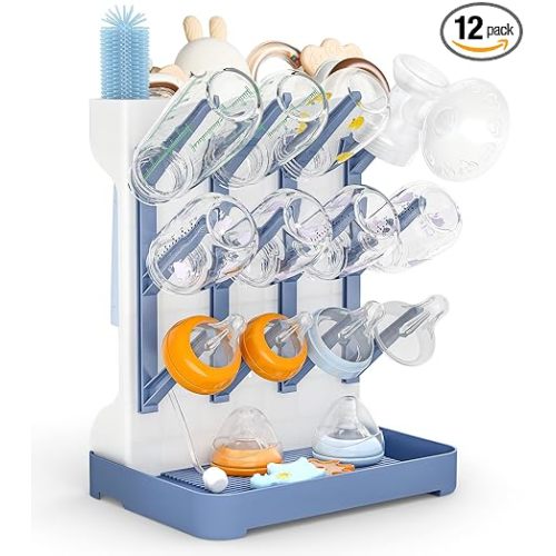 GoMaihe Baby Bottle Drying Rack: Space Saving Vertical Bottle Dryer Holder - Baby Accessories Storage Stand Organize Brushes Pacifiers on Countertop - BPA-Free - Blue