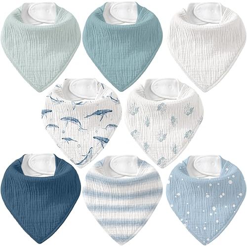 CIVARUA KIDS Muslin Baby Bibs 8 Pack, Baby Bandana Drool Bib for Drooling and Teething, Cotton Soft Absorbent for Girls Boys (Blue Ocean Whale)