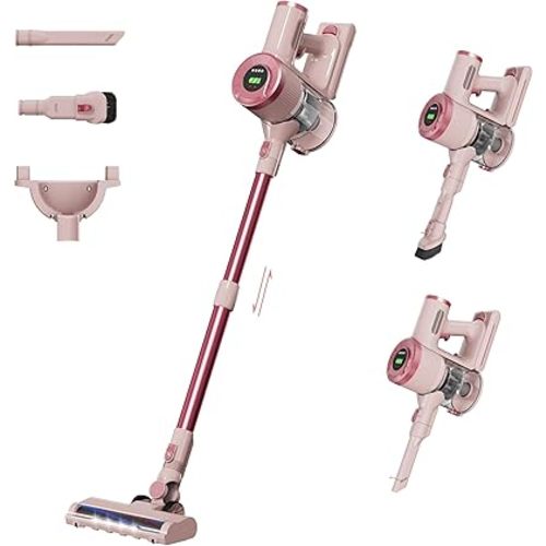 Cordless Stick Vacuum Cleaner, 30KPa Handheld Rechargeable Battery Lightweight Small Pink Vac Electirc Broom, 40Mins Runtime for Home Hard Floor Carpet Pet Hair Cleaning, LED Screen