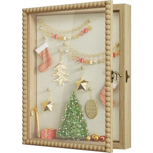Love-KANKEI Shadow Box Frame 11x14, Deep Large Shadow Box Display Case with Unique Beads Door and Glass Window, Wood Memory Box for Pictures,Medals,Memorabilia,Collections Natural