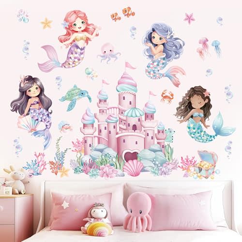 wondever Under The Sea Mermaid Castle Wall Stickers Ocean Creature Seaweed Bubble Peel and Stick Wall Art Decals for Girls Bedroom Baby Nursery Kids Bedroom
