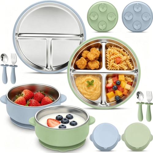 8-Piece Stainless Steel Kids Plates & Bowls Set with Suction Base, A Complete Feeding Set with Removable Silicone Sleeves, Dishwasher Safe