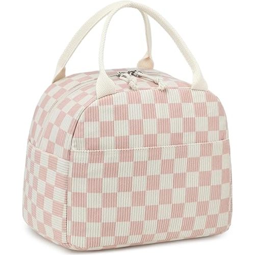 LEDAOU Lunch Box for Women Insulated Lunch Bag Corduroy Lunch Tote Bags Leakproof Cooler Lunch Case for Travel Work Picnic (Checkered-Pink)