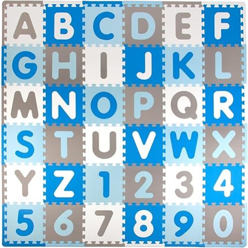 Tadpoles Foam Playmats for Kids, 36 Interlocking Tiles Teach the ABCs and Numbers 0-9, Total Floor Coverage 74” x 74” (36 Sq Ft), For Ages 3 and Up, Colors: Blue/Grey