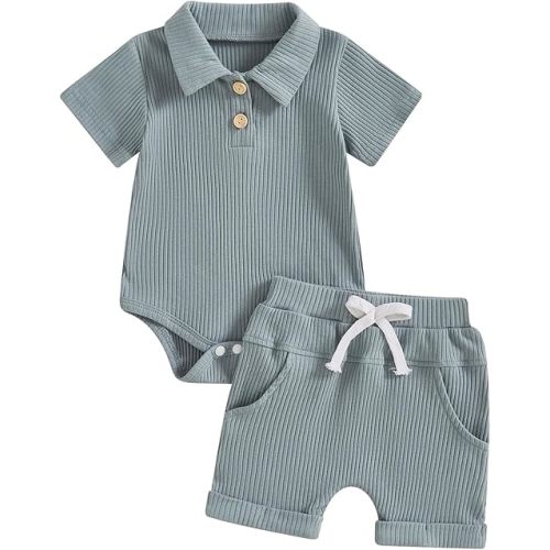 Ledy Champswiin Summer Newborn Baby Boy Girl Clothes Set Ribbed Outfits Unisex Infant Solid Short Sleeve Tops Shorts 2PCS