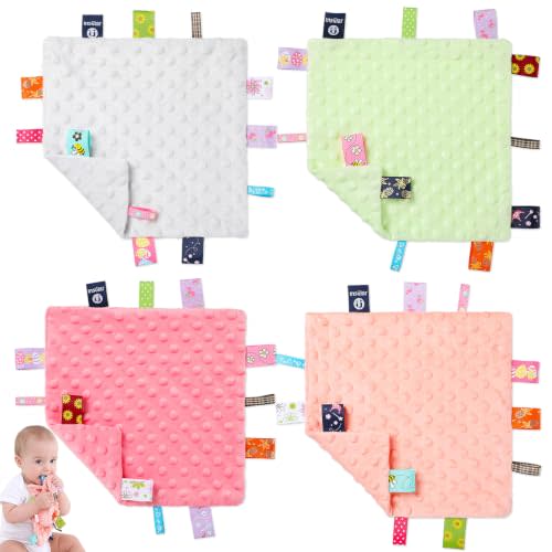 Willbond 4 Pcs Tag Blankets for Babies Sensory, Gray, Pink, Orange, Green | 9.5'' Square Sensory Toys, Soft Minky Fabric with Colorful Tags, Comforter Toys for 0-12 Months Babies Nursery Bed