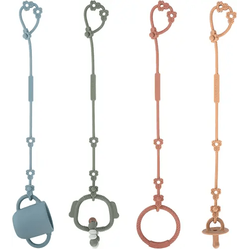 Toy Safety Straps, Silicone Pacifier Clips, Adjustable Stretchable Sippy Cup Straps for Strollers, High Chair, Cribs, Hanging Baskets, Car Seat, Shopping Trolley, 4 Pack, (Ether+Sage+Muted+Apricot)