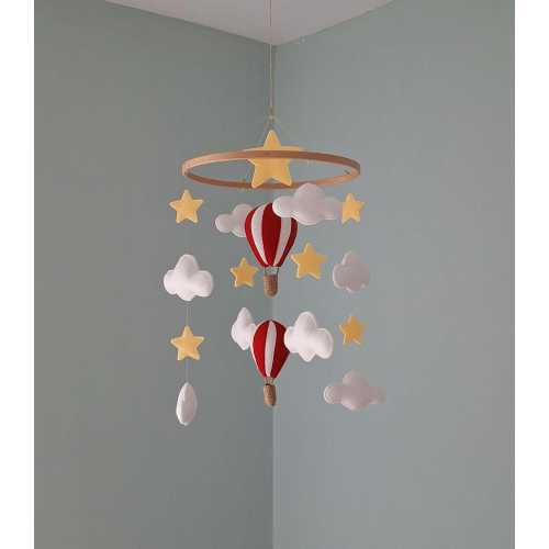 Hot Air Balloon Nursery Mobile: Felt Stars & Clouds, Red, Blue, Green, Pink Yellow, Beige