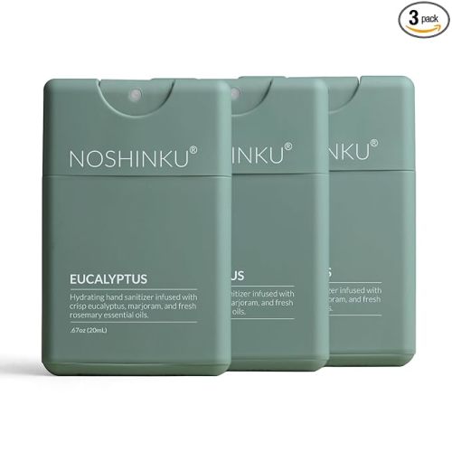 Noshinku - Refillable Hand Sanitizer Eucalyptus 3-Pack, Travel Size Spray with Hydrating Botanical Oils, Natural Ingredients, All Natural Fragrances, Sugarcane Derived Alcohol, No Parabens, No Dyes