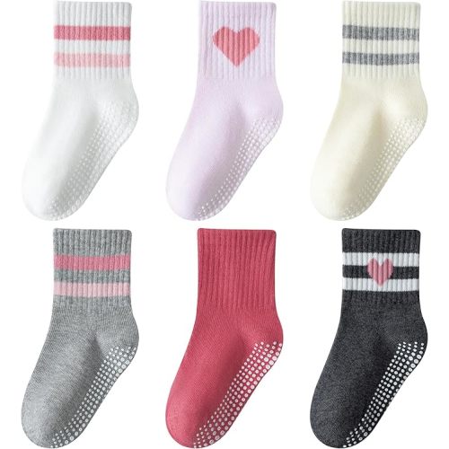 Toddler Grip Socks with Non-Slip, Unisex Baby Retro Stripe Seamless Crew Ankle Cotton Socks for Girls Boys 6 Pairs