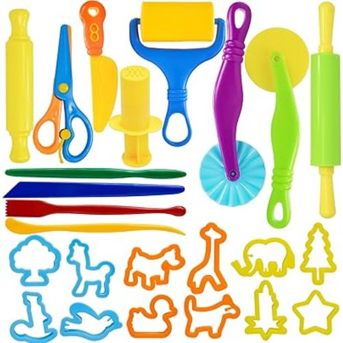 Dough Tool Set, 24 Pcs Dough Tools Sets for Kids Ages 4-8, Dough Accessories Includes Animal Molds, Cutters Roller, Rolling Pins, Safety Scissors, Plastic Knife