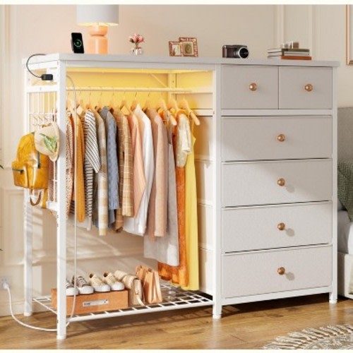 49.2" W Dresser with Hanging Rack & 6 Fabric Drawers for Bedroom,  Fabric Dressers & Chest of Drawers with Grid Panel & 4 Hooks, Wooden Top
