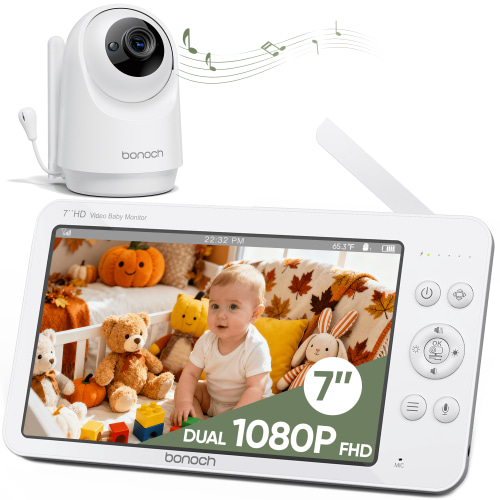 Bonoch 7" 1080P HD Baby Monitor with Camera and Audio, Upgraded MegaView, No WiFi, Hack Proof, 6000mAh Battery, Remote PTZ, VOX Mode, Night Vision, White Noise, Ideal Gift for New Parents