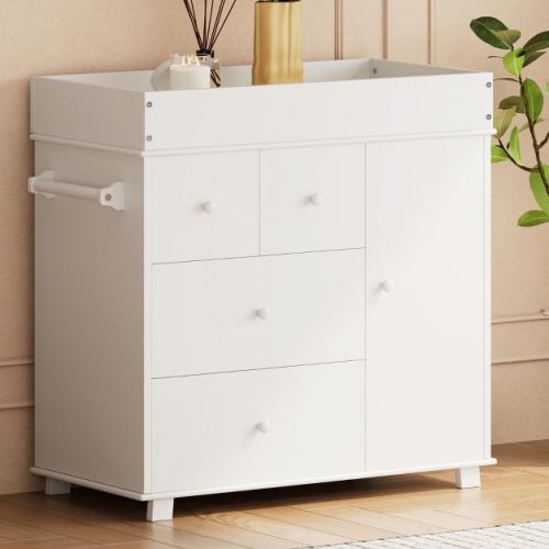 COZONY Changing Table Dresser with 3 Drawers & Cabinet, Nursery Baby Diaper Station with Pad for Bedroom/Kids Room