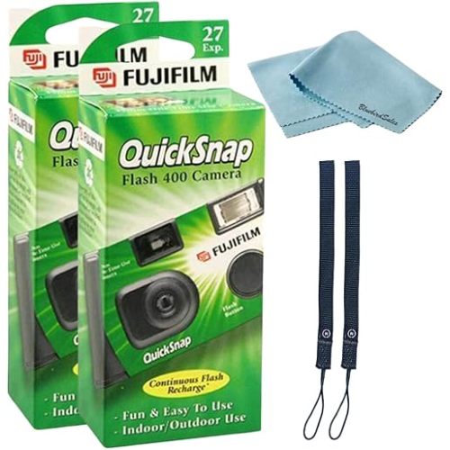Fujifilm QuickSnap Flash 400 Disposable 35mm Camera • 2 Pack • 2 Hand Straps • BluebirdSales Microfiber Cleaning Cloth