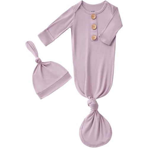 Newborn Baby Boys Girls Knotted Gown Hat Set Soft Bamboo Viscose Infant Sleeper Baby Sleep Gown with Mittens