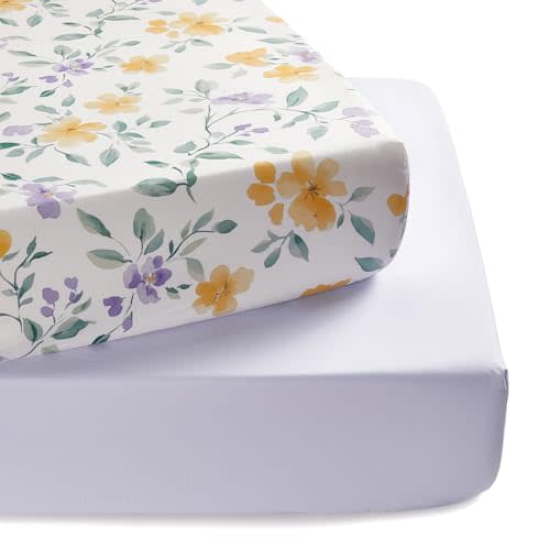 TILLYOU Baby Crib Sheets for Boys Girls, Super Soft Toddler Bed Sheets, 2 Pack Sheets for Standard Crib Mattress 28x52in, Flower Whispers