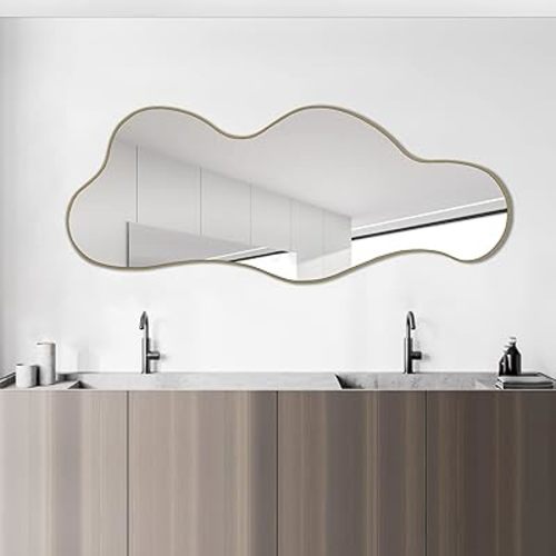 POZINO Irregular Wall Mirror, Asymmetrical Mirrors, 39.3"x16" Cloud Shaped Mirror, Gold Modern Mirrors for Bathroom Living Room Bedroom Entryway