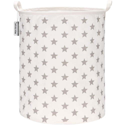 Sea Team Collapsible Canvas Fabric Laundry Hamper with Handles, Cylindric Waterproof Storage Basket, Closet Organizer, 19.7 x 15.7 Inches, Grey Star