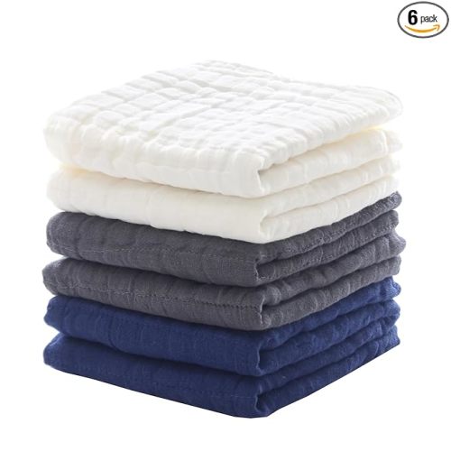 MUKIN Small Baby Washcloths, Soft Face Cloths, Newborn Absorbent Bath Wipes, Burp Cloths or Muslin Cotton Towels, Pack of 6, 12x12 inches (White,Dark Gray,Royal Blue)