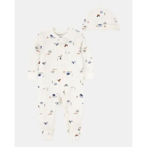 Baby 2-Piece 2-Way Zip Sleep & Play & Cap Set - Ivory/Blue | Carter's