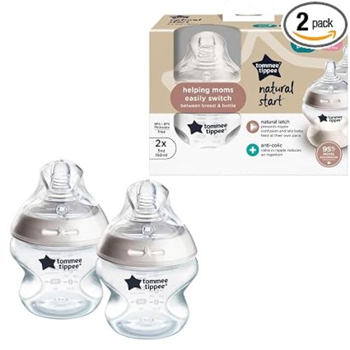 Tommee Tippee Natural Start Baby Bottles, Anti-Colic, 0m+, 5oz | Pack of 2, Slow Flow Breast-Like Nipple, Self-Sterilizing, Seamless Bottle-to-Breast Transition, BPA Free