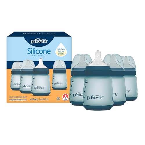 Dr. Brown's Silicone Baby Bottle with Collapsible Insert Designed to Reduce Colic, 5 oz with Wide-Neck Level 1 Slow Flow Nipple, BPA-Free, 0m+, Blue, 4-Pack