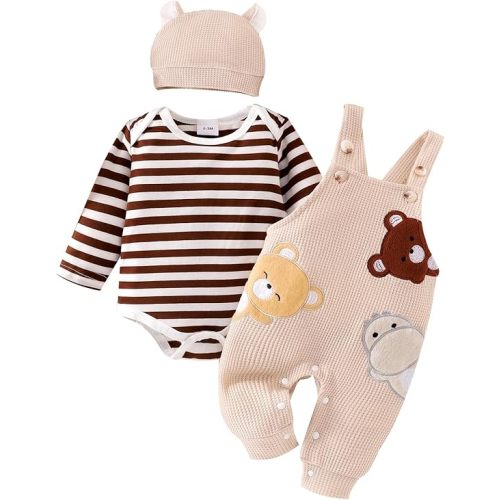 Baby Boy Clothes Newborn Striped Romper Fall Outfits + Infant Cartoon Suspender Overall + Cute Hat 3 Pcs 0-18 Months