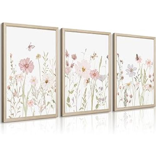 Wildflower Nursery Wall Art Pink Watercolor Floral Painting Baby Girl Nursery Canvas Wall Decor Vintage Botanical Flower Picture Boho Wildflower Prints for Bedroom 16x24x3 Inch Framed