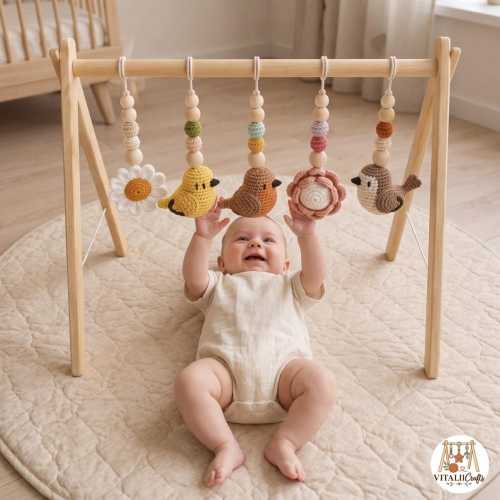 Wooden Crochet Baby Gym with Handmade Bird and Flower Toys, Montessori Play Gym | Decor New Baby Gift