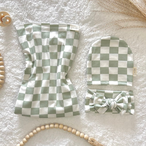 Baby Swaddle Set in Sage & White Checker- Swaddle, Headband, Beanie Hat - Gender Neutral, Baby Girl, Baby Boy