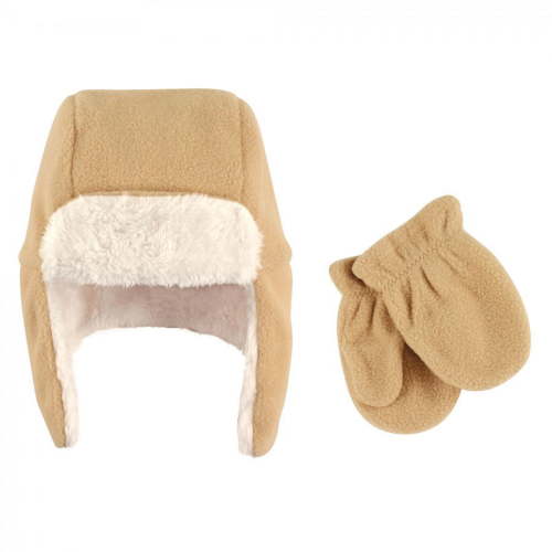 Hudson Baby Infant Fleece Trapper Hat and Mitten 2pc Set, Tan, 0-6 Months