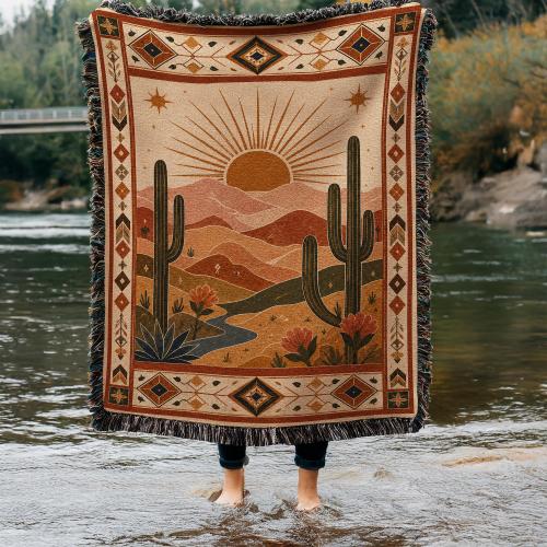 Southwest Desert Sunset Woven Blanket, Rustic Cactus Mountain Cabin Tapestry Throw, Western Landscape Scene, Wall Hanging Lodge Decor Gift